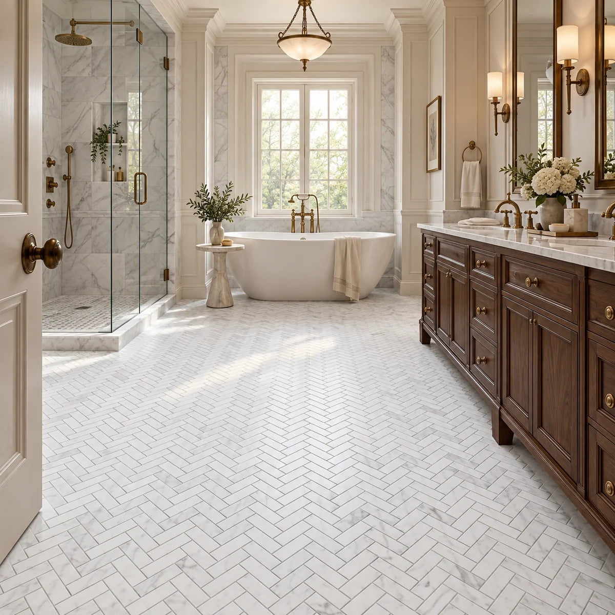 Bianco Carrara 25 × 75 mm Herringbone Marble Mosaic, Polished