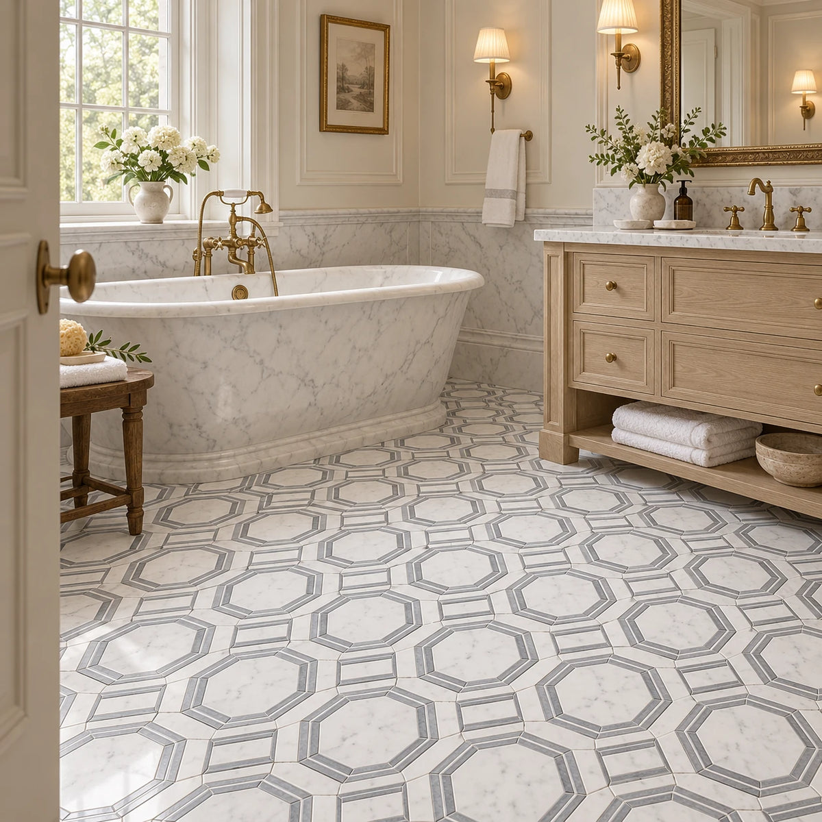 Bianco Carrara Hexagon Marble Mosaic with Bardiglio Geometric Strips, Polished