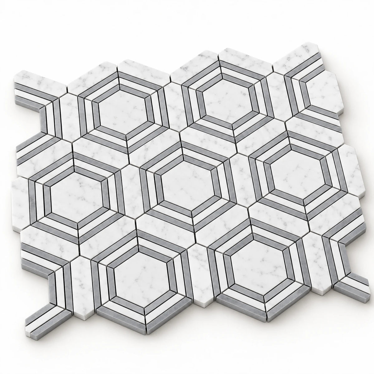 Bianco Carrara Hexagon Marble Mosaic with Bardiglio Geometric Strips, Polished