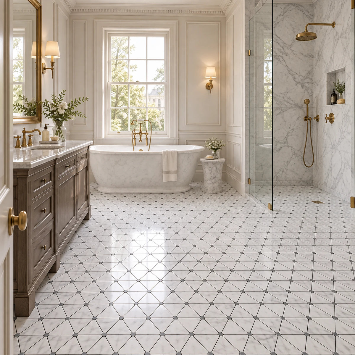 Bianco Carrara Polished Triangle Marble Mosaic with Bardiglio Dots