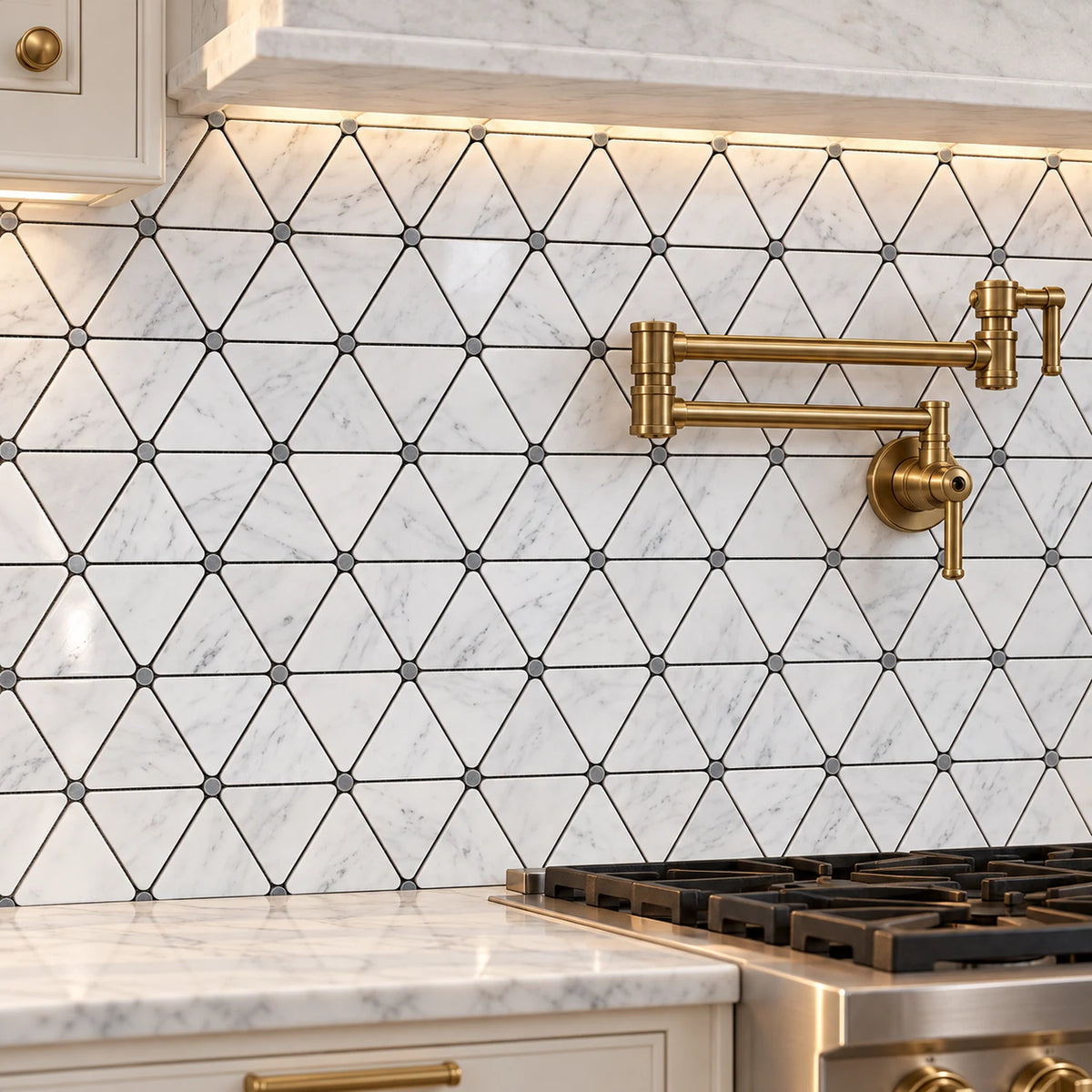 Bianco Carrara Polished Triangle Marble Mosaic with Bardiglio Dots