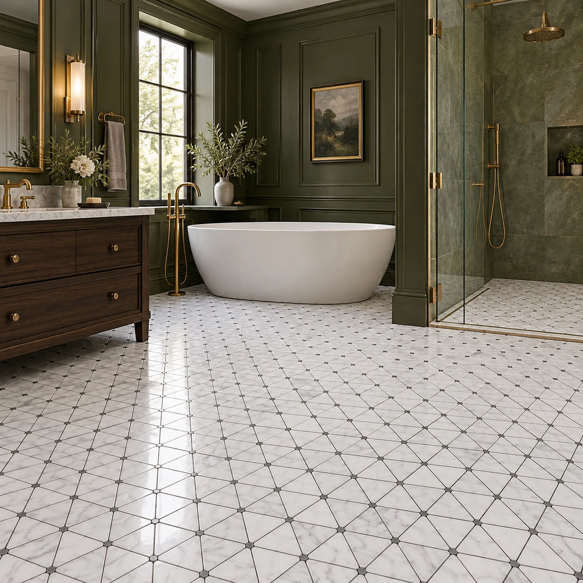 Bianco Carrara Triangle Marble Mosaic with Bardiglio Dots, Honed