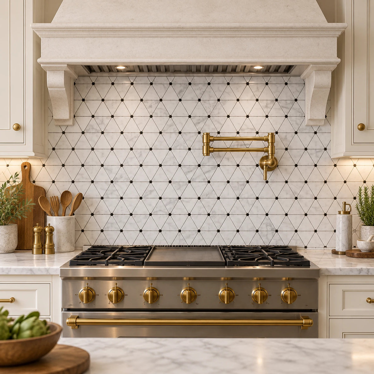 Bianco Carrara Triangle Marble Mosaic with Nero Marquina Dots, Polished