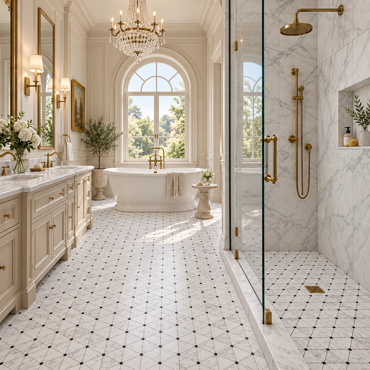 Bianco Carrara Triangle Marble Mosaic with Nero Marquina Dots, Polished
