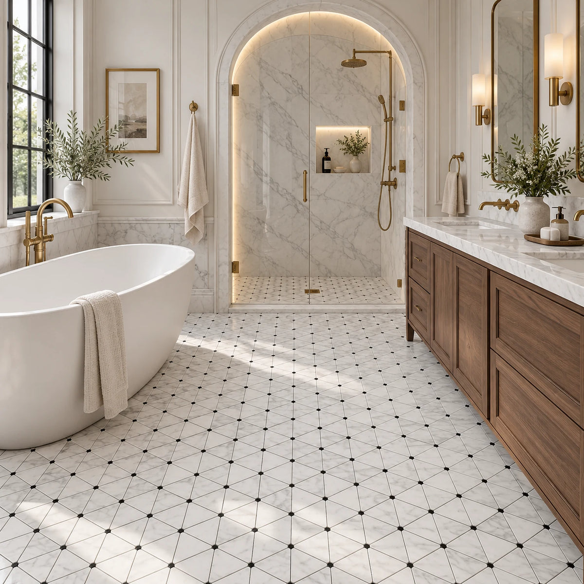 Bianco Carrara Triangle Marble Mosaic with Nero Marquina Dots, Polished
