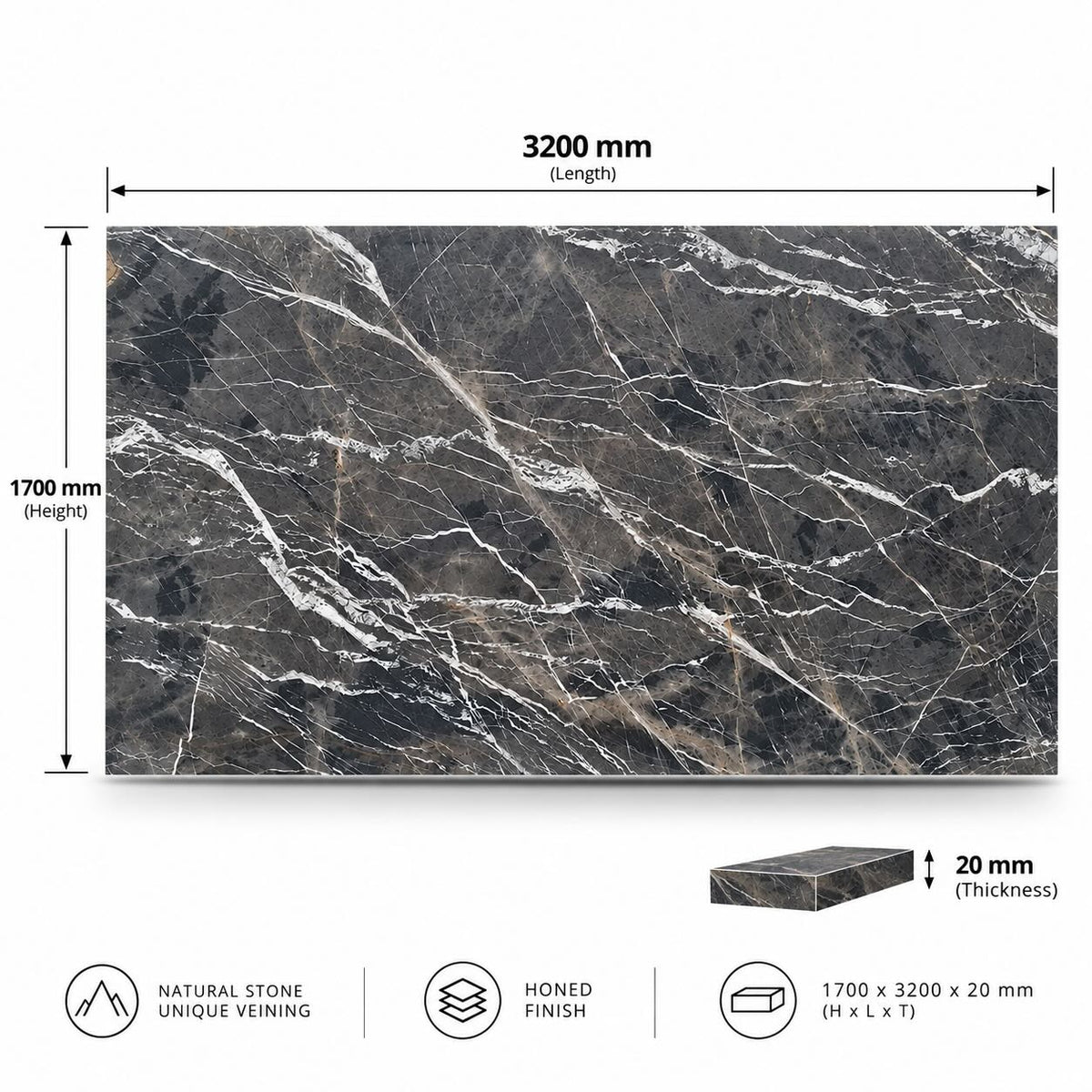 Black marble-look tile or stone slab shown with dimension annotations: 3200 mm length, 1700 mm height, and 20 mm thickness, on a white background with feature icons below.