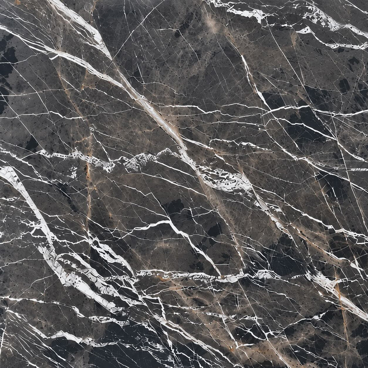 Dark charcoal and black marble texture with prominent white veining and subtle warm brown and gold veining throughout.