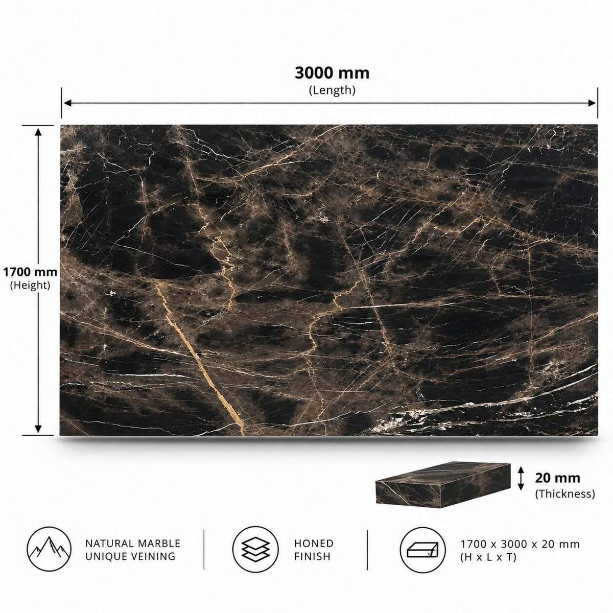 Bruno Pearl Noir Polished Marble Slab – 1700 x 3000 x 20mm