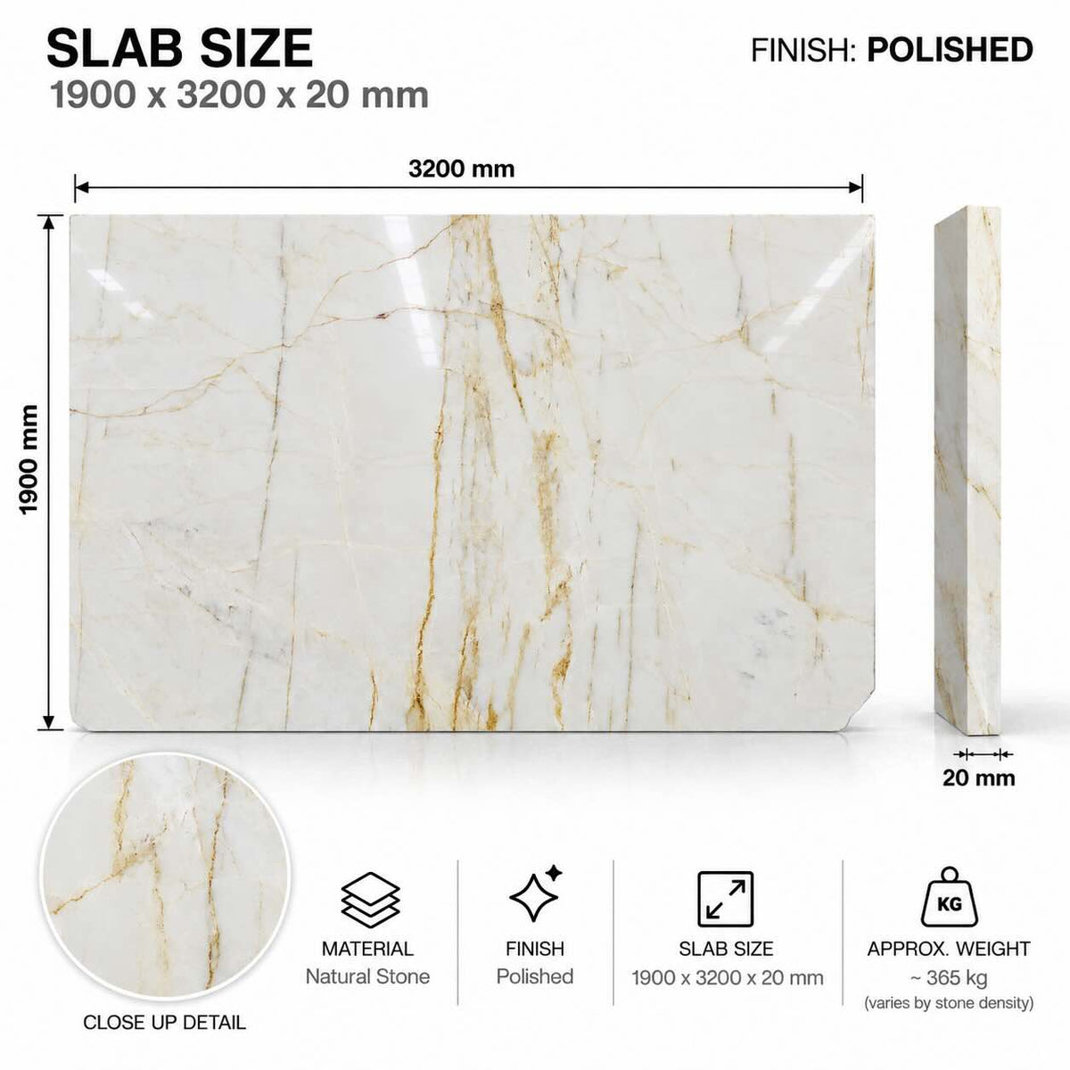 Calacatta Amber Polished Marble Slab 1900x3200x20mm