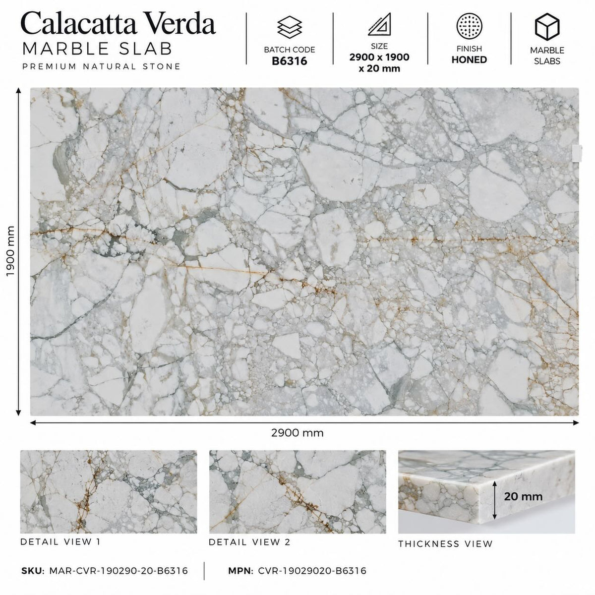 Calacatta Verda Honed Marble Slab 1900x2900x20mm