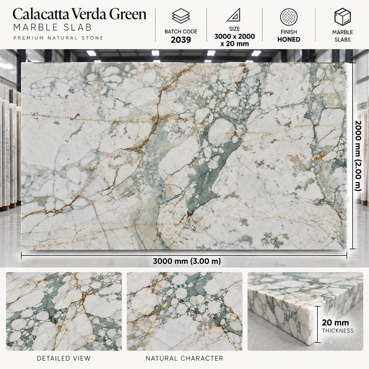 Calacatta Verda Honed Marble Slab 2000x3000x20mm