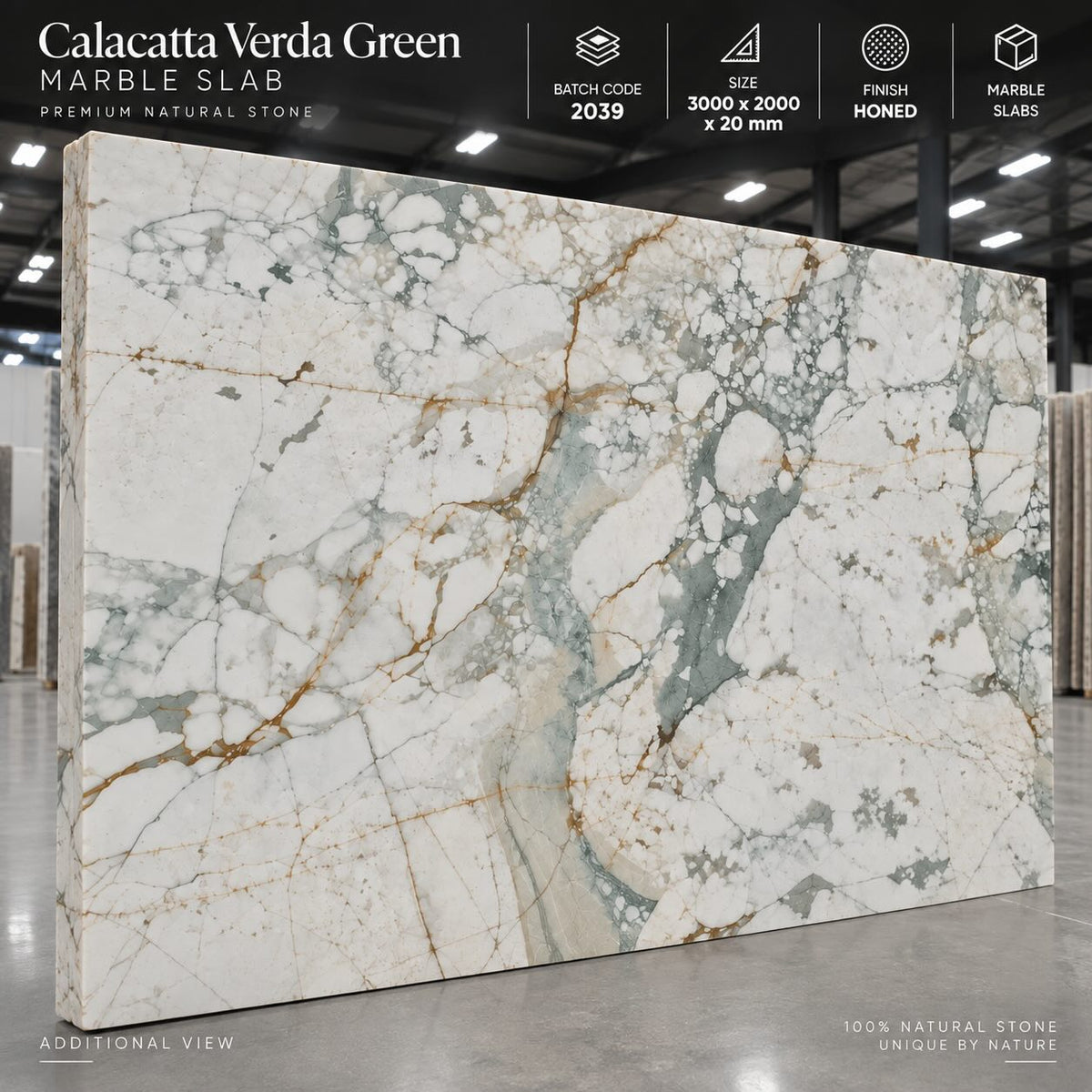 Calacatta Verda Honed Marble Slab 2000x3000x20mm