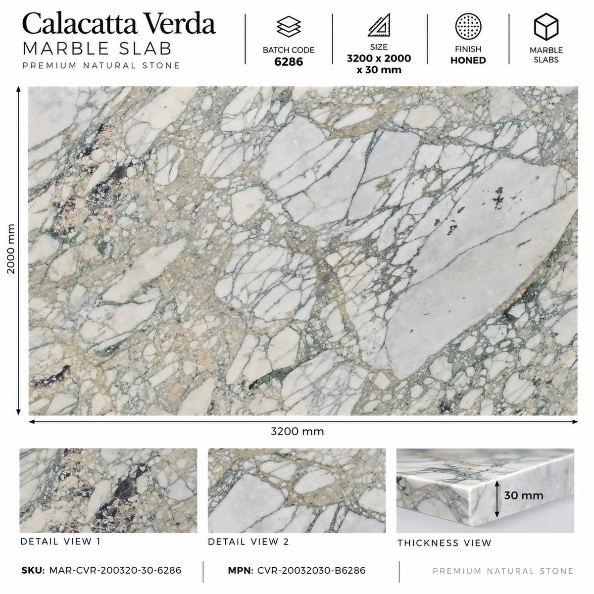 Calacatta Verda Honed Marble Slab 2000x3200x30mm
