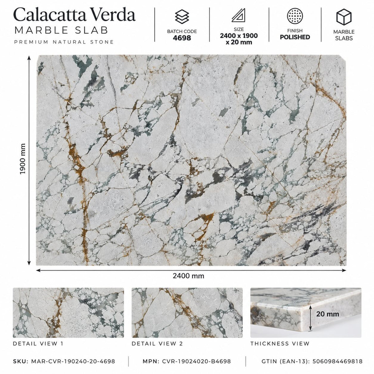 Calacatta Verda Polished Marble Slab 1900x2400x20mm