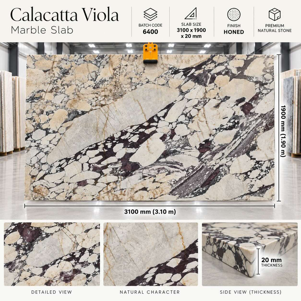 Calacatta Viola Honed Marble Slab - 1900x3100x20mm