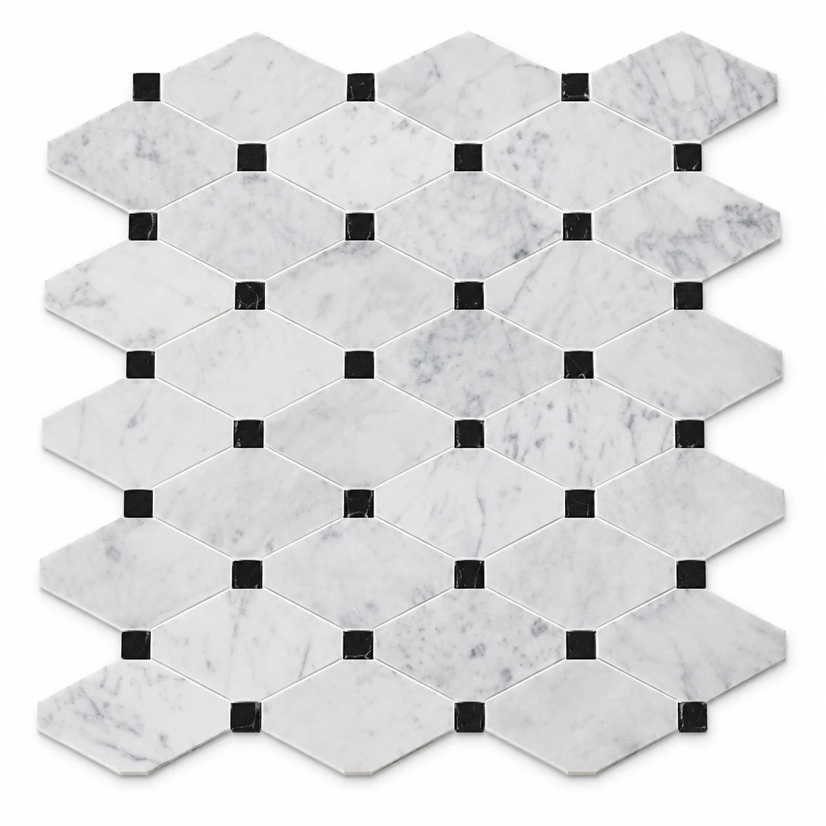 Bianco Carrara Long Octagon Marble Mosaic with Black Inserts, Honed