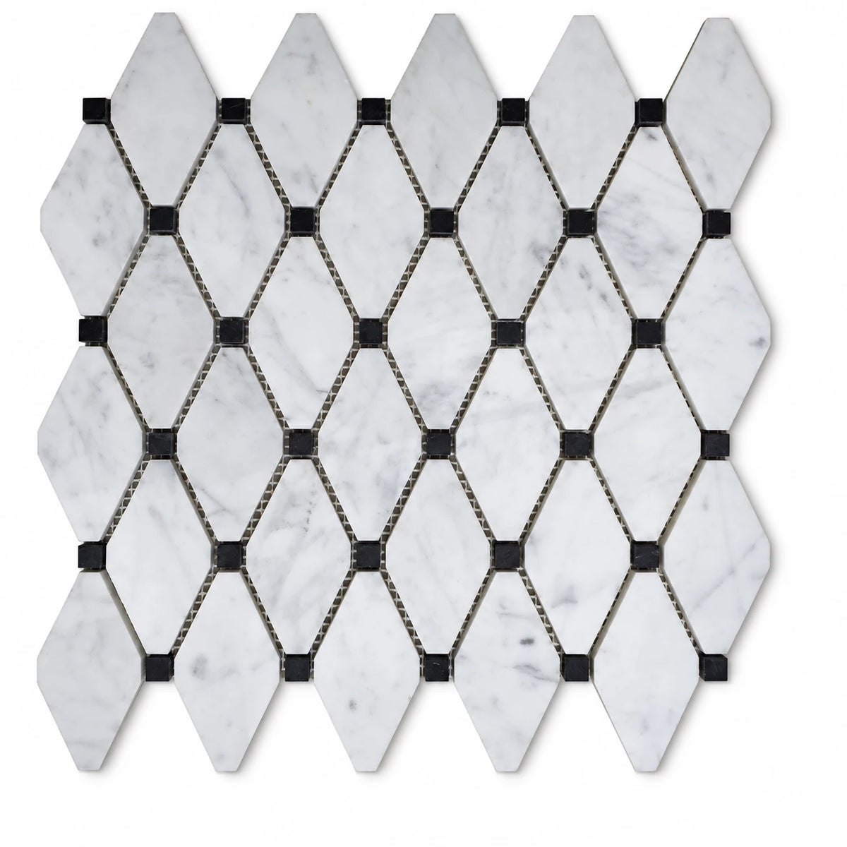 Bianco Carrara Long Octagon Marble Mosaic with Black Inserts, Honed
