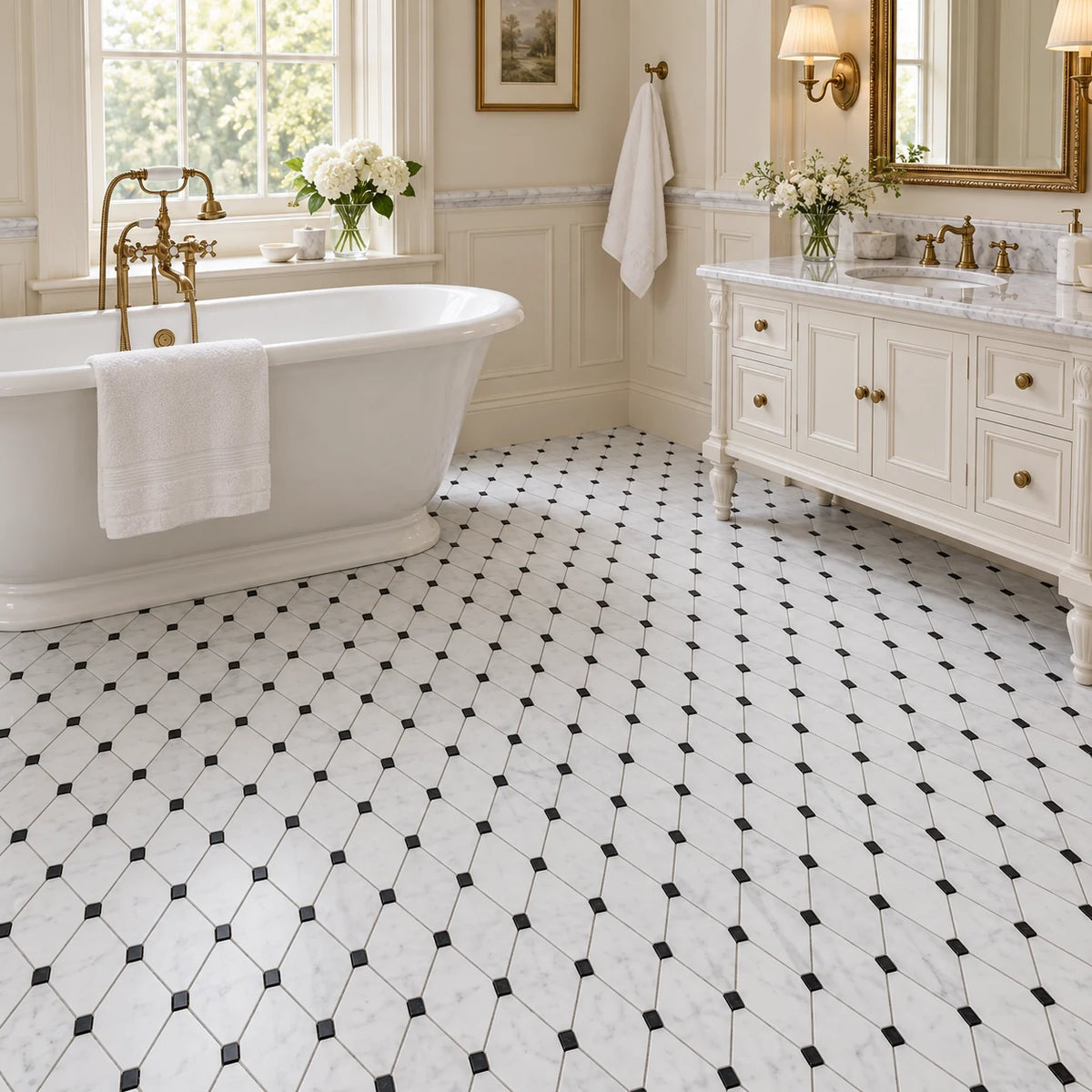 Bianco Carrara Long Octagon Marble Mosaic with Black Inserts, Polished