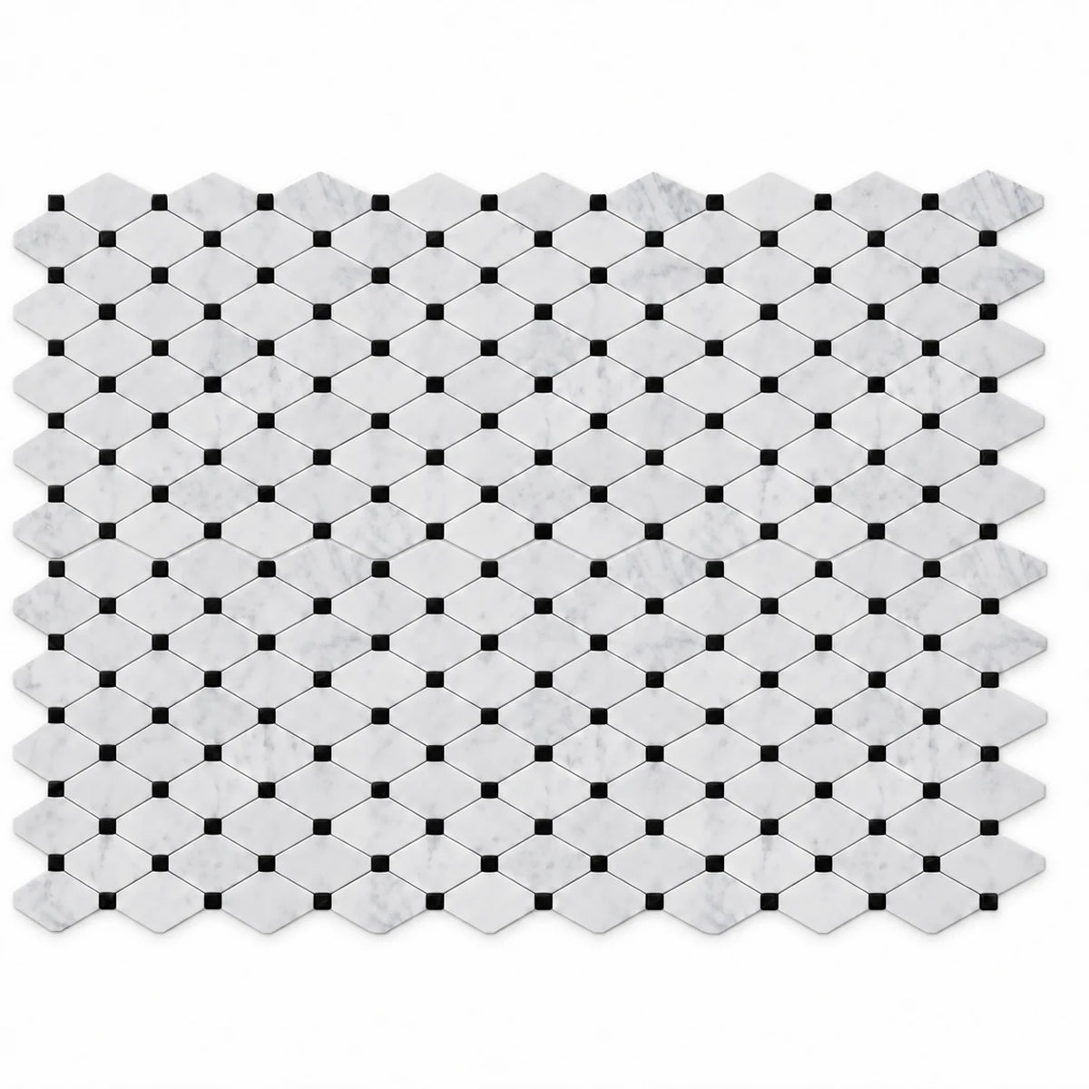 Bianco Carrara Long Octagon Marble Mosaic with Black Inserts, Polished