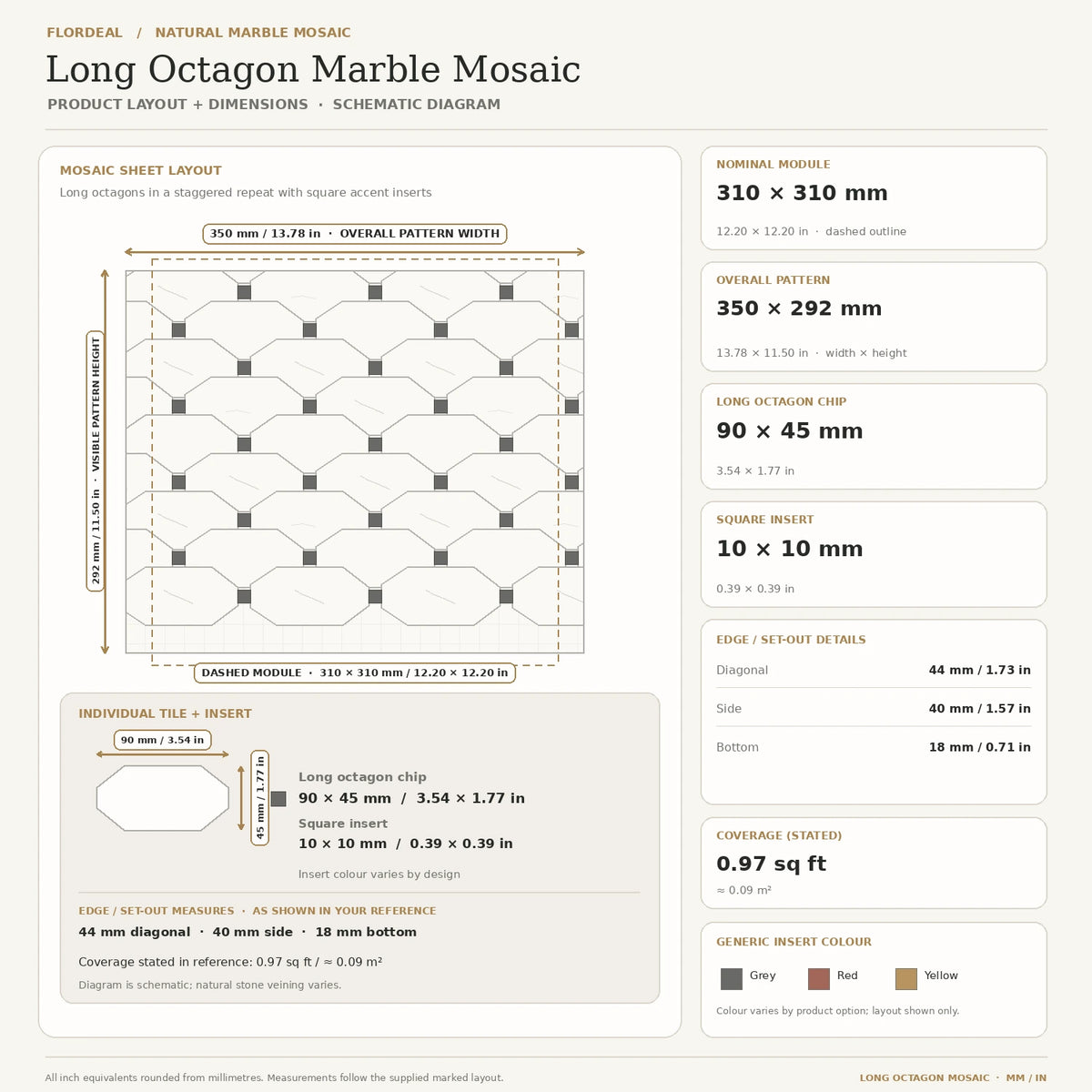 Bianco Carrara Long Octagon Marble Mosaic with Black Inserts, Polished