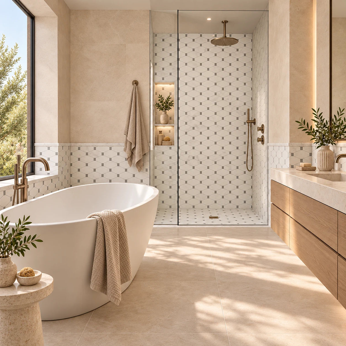 A luxury modern bathroom featuring a white freestanding bathtub with a beige towel draped over the edge, a glass walk-in shower with white and gray mosaic tile, a light wood vanity with a white countertop, and warm brass fixtures. Natural light streams in from a large window on the left.