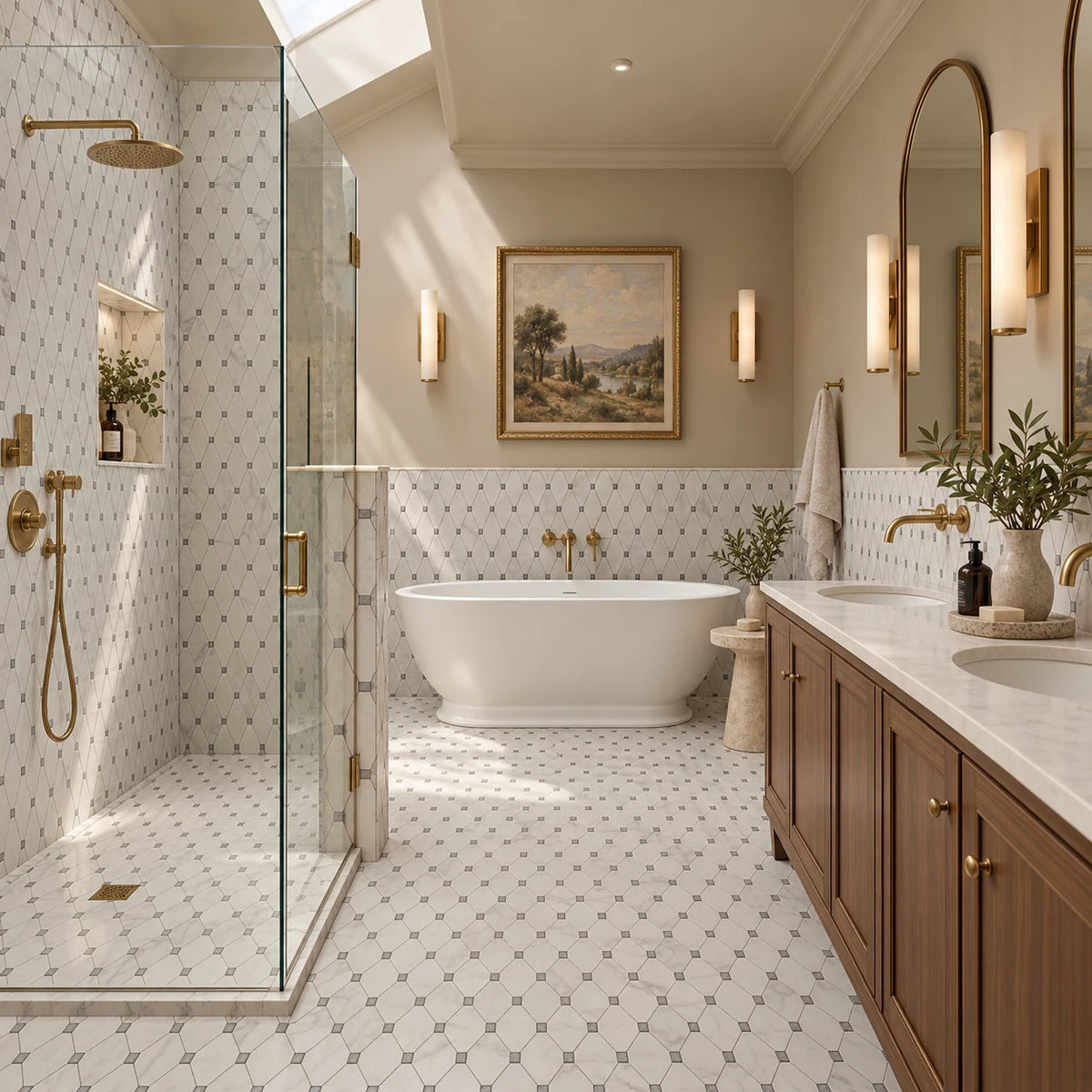 A luxury bathroom interior featuring a walk-in glass shower enclosure, freestanding white bathtub, double-sink vanity with dark wood cabinets, and a tiled wall with small repeating geometric motifs.