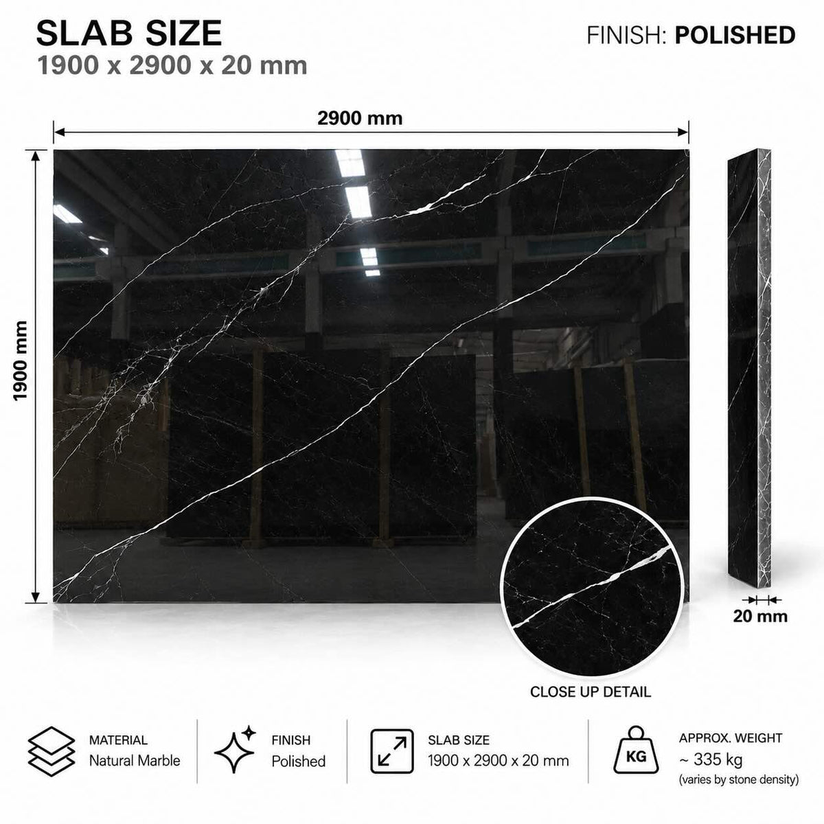 Nero Black Lux Polished Marble Slab 1900x2900x20mm