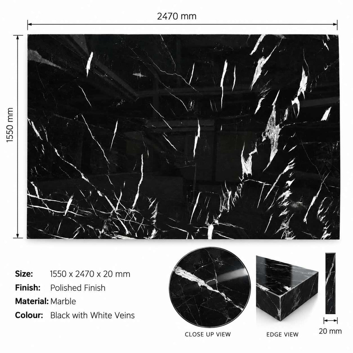 Nero Black Lux Polished Marble Slab - 1550 x 2470 x 20mm