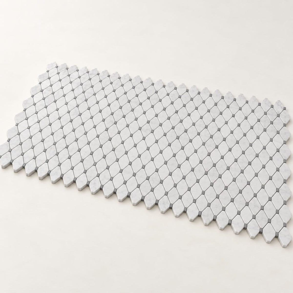 Bianco Carrara Long Octagon Marble Mosaic with Bardiglio Inserts, Polished