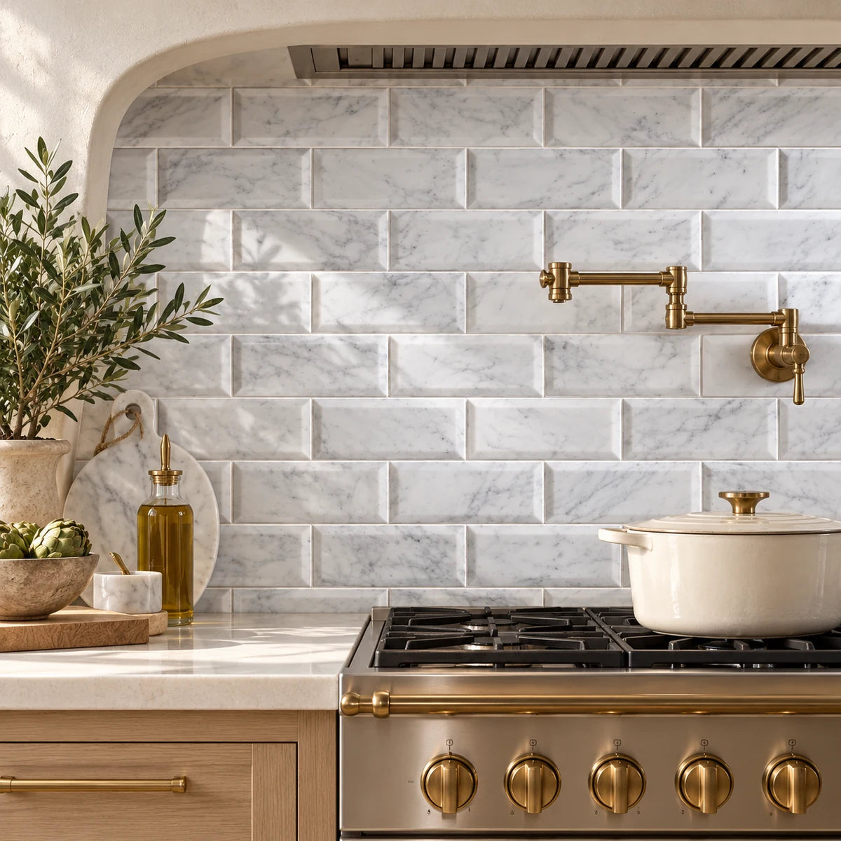 Bianco Carrara 76 × 152 mm Deep Bevel Marble Mosaic, Honed
