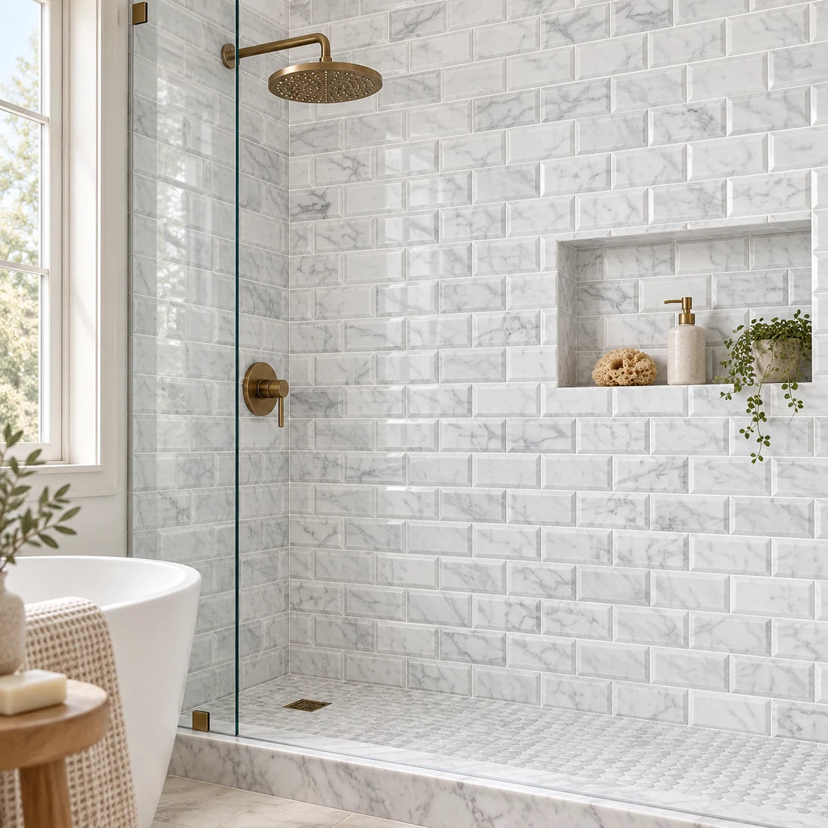 Bianco Carrara 76 × 152 mm Deep Bevel Marble Mosaic, Honed