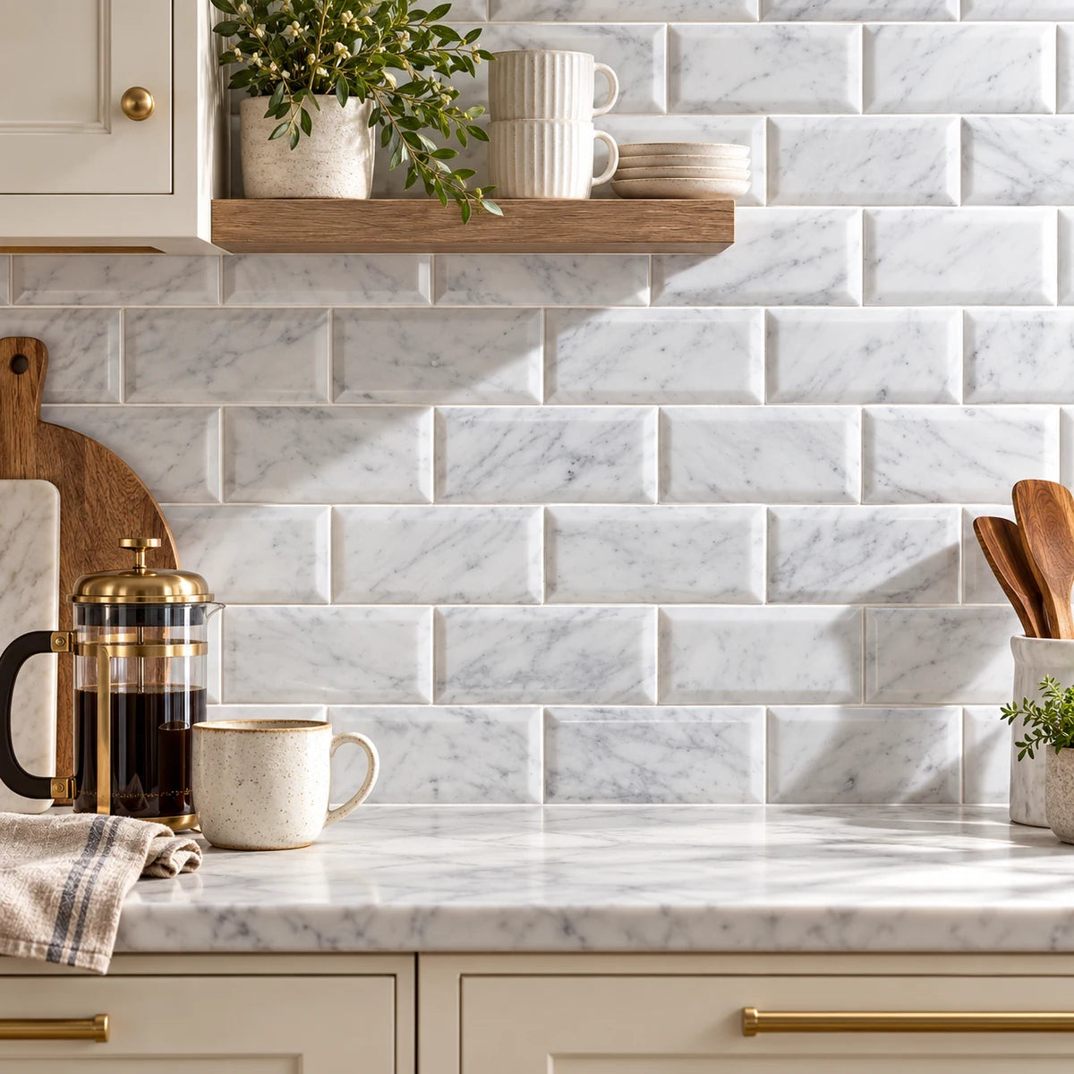 Bianco Carrara 76 × 152 mm Deep Bevel Marble Mosaic, Polished