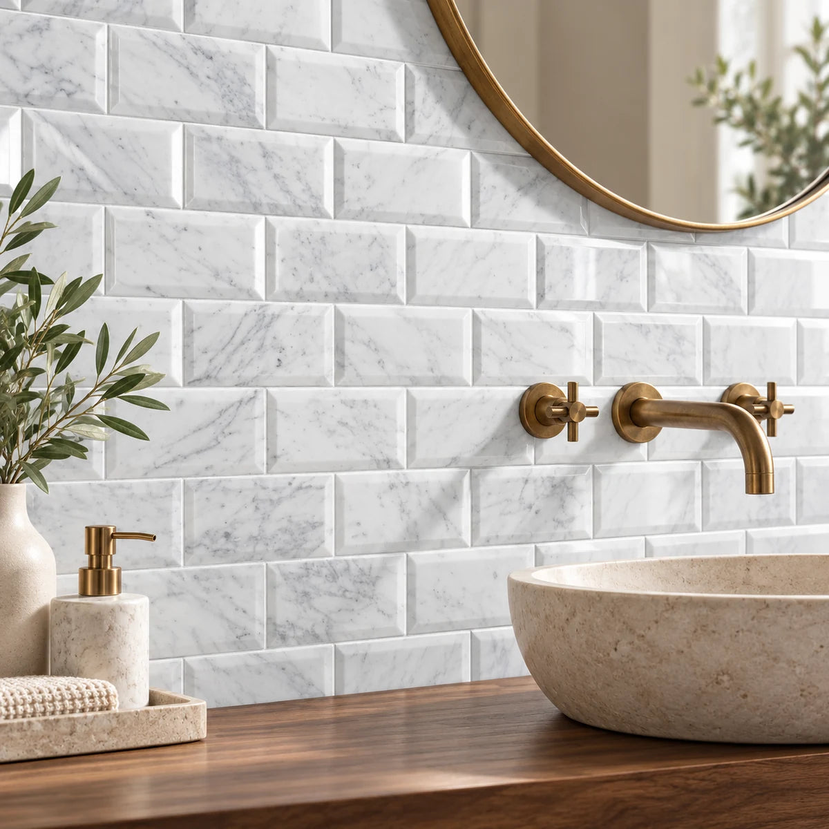 Bianco Carrara 76 × 152 mm Deep Bevel Marble Mosaic, Polished